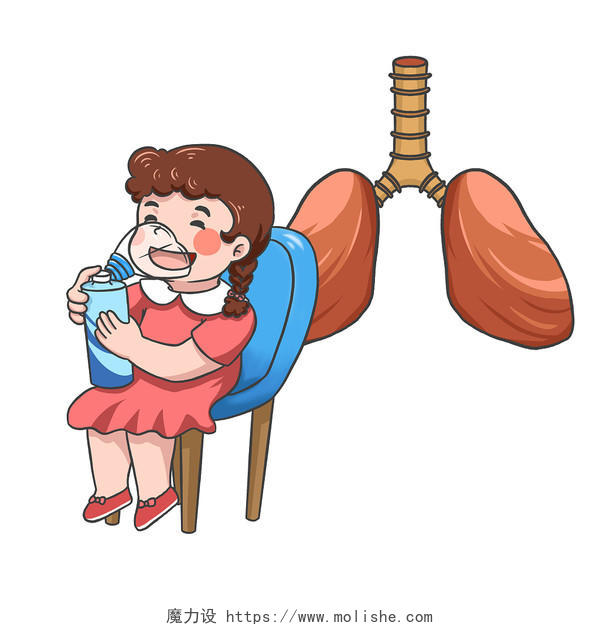 手绘卡通女孩哮喘发作世界防治哮喘日吸氧元素